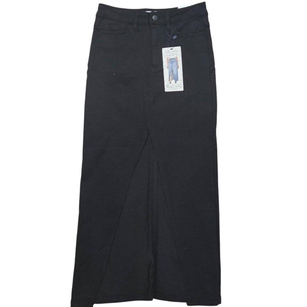 Thread & Others Black Denim Midi Skirt Women’s Size S Low Waist Front Slit Stret